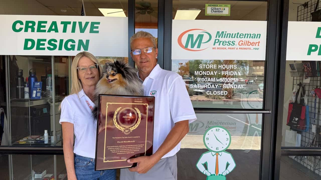 How Minuteman Press International Evolved and Set New Standards Minuteman Press Franchise Owners Angel & Dave Rindfleisch (with Balee), Gilbert, AZ.